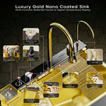 Load image into Gallery viewer, Golden kitchen sink top view with pull-down faucet installed