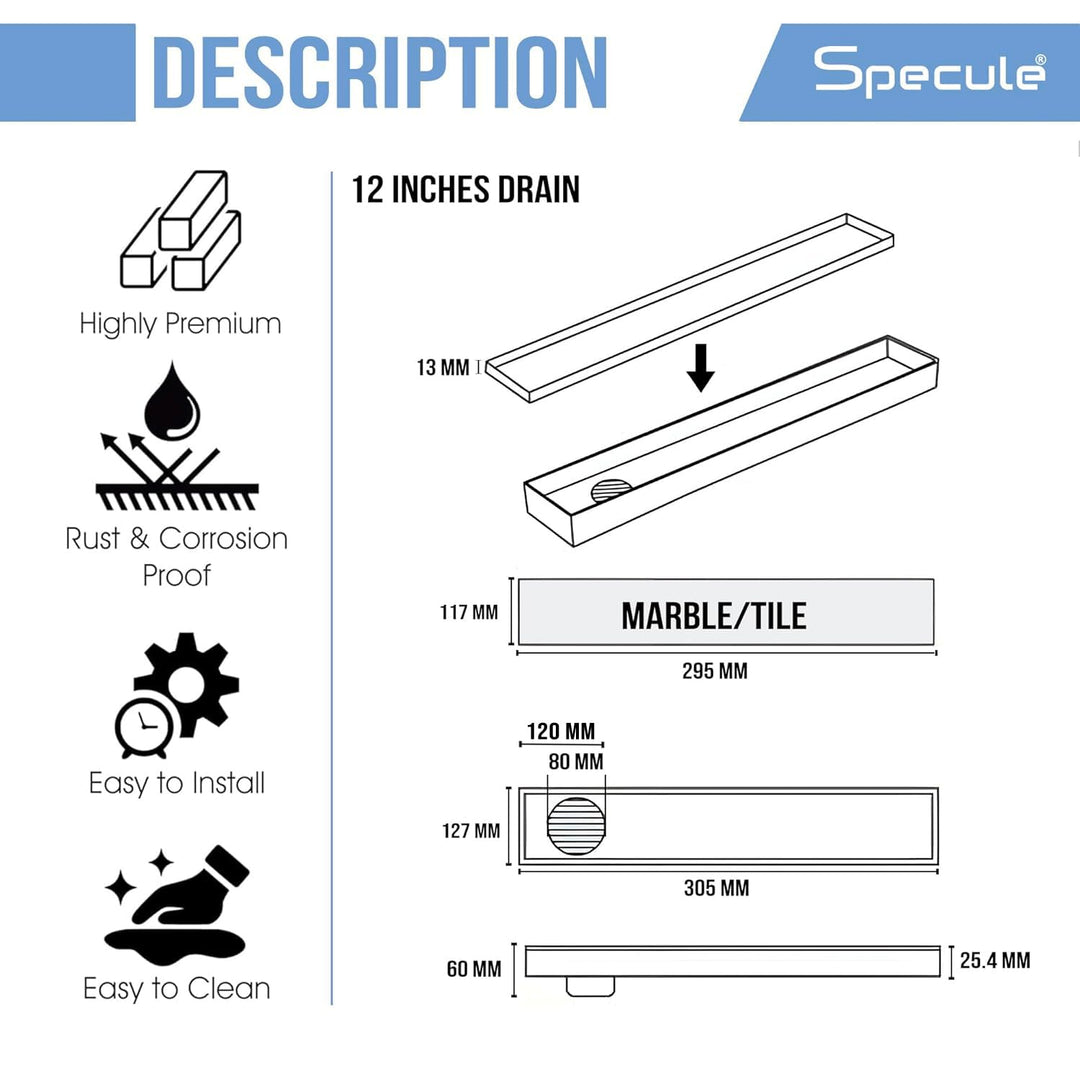 Tile Insert Shower Drain Channel (12 x 5 Inches) with Cockroach Trap (304 Grade) - by Specule