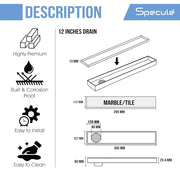 Tile Insert Shower Drain Channel (12 x 5 Inches) with Cockroach Trap (304 Grade) - by Specule