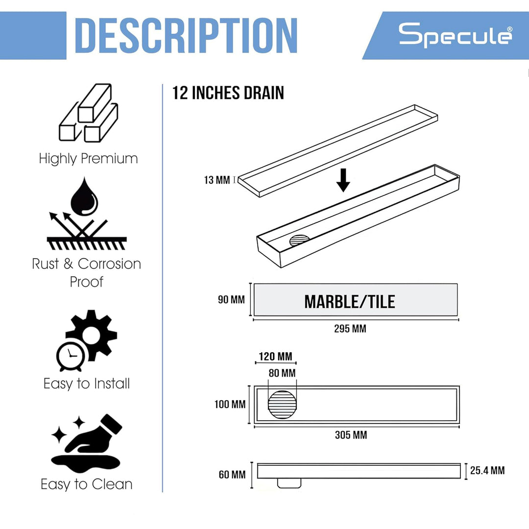 Tile Insert Shower Drain Channel (12 x 4 Inches) with Cockroach Trap (304 Grade) - by Specule