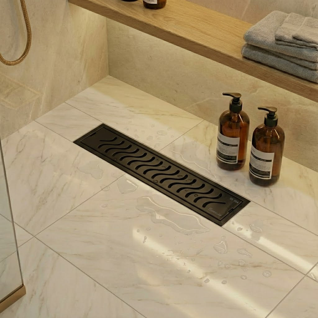 Matte Black Wave 304 Grade Shower Drain Channel 12x4 Inch with Cockroach Trap – by Specule