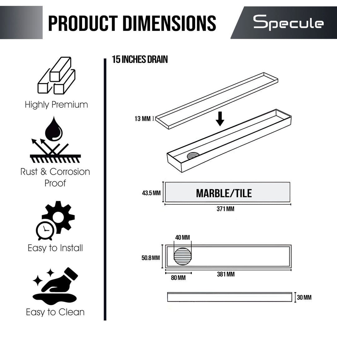 Tile Insert Shower Drain Channel (15 x 2 Inches) with Cockroach Trap (304 Grade) - by Specule