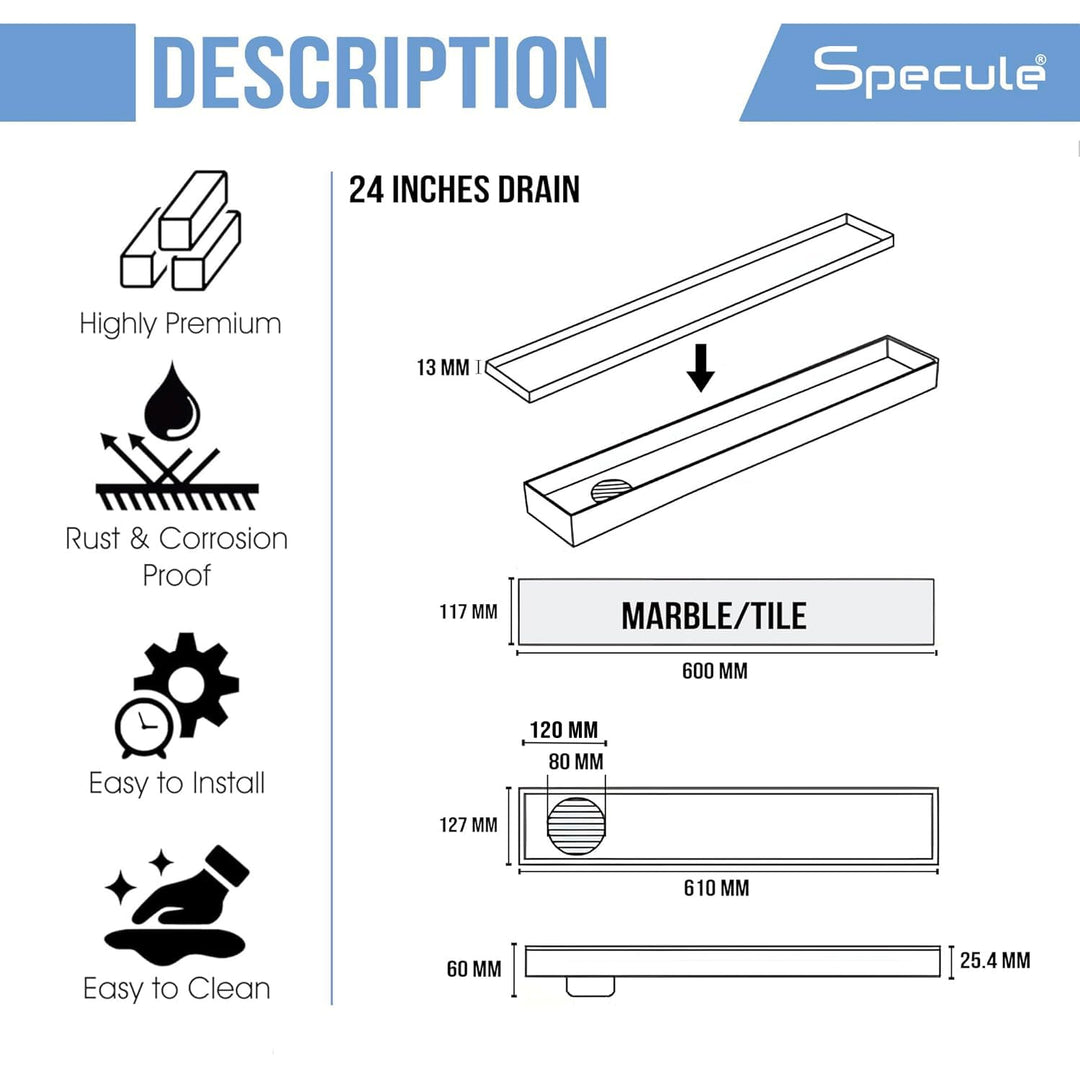 Tile Insert Shower Drain Channel (24 x 5 Inches) with Cockroach Trap (304 Grade) - by Specule