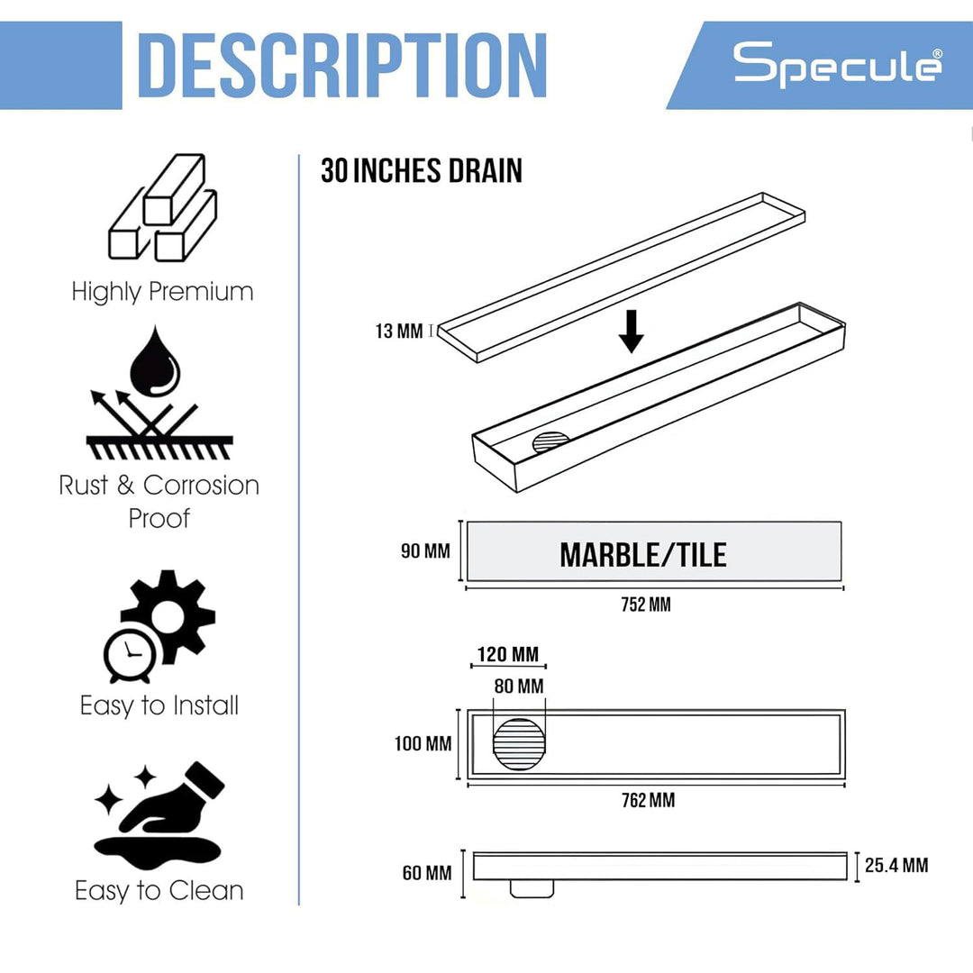 Tile Insert Shower Drain Channel (30 x 4 Inches) with Cockroach Trap (304 Grade) - by Specule