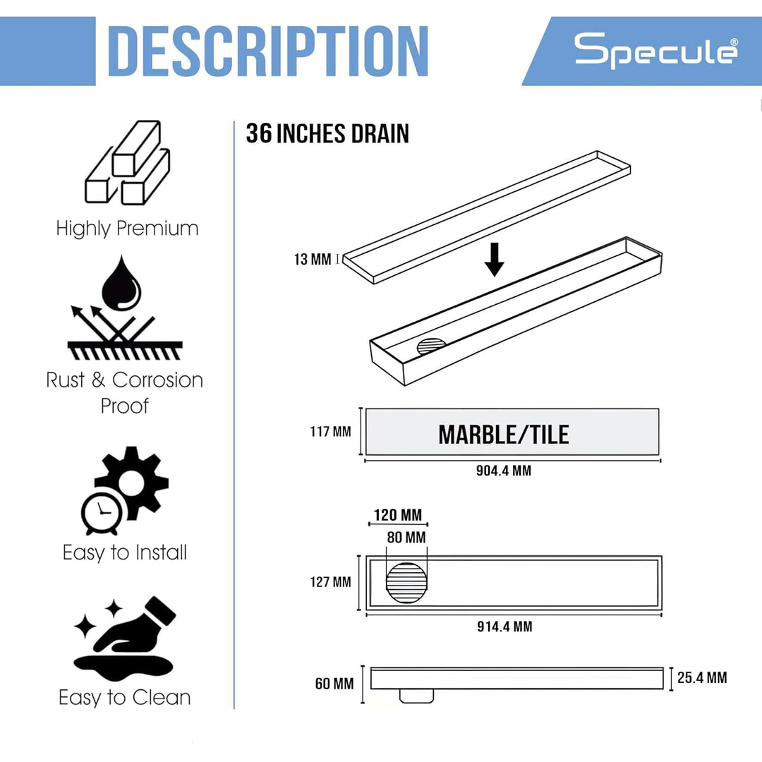 Tile Insert Shower Drain Channel (36 x 5 Inches) with Cockroach Trap (304 Grade) - by Specule