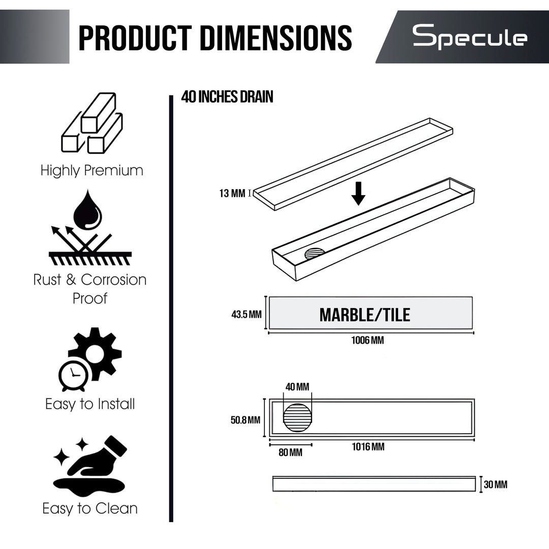 Tile Insert Shower Drain Channel (40 x 2 Inches) with Cockroach Trap (304 Grade) - by Specule