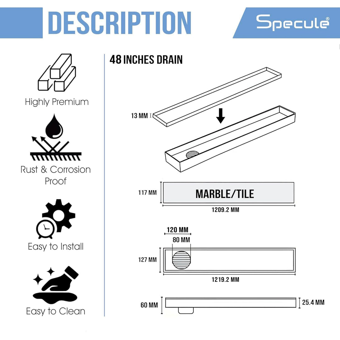 Tile Insert Shower Drain Channel (48 x 5 Inches) with Cockroach Trap (304 Grade) - by Specule