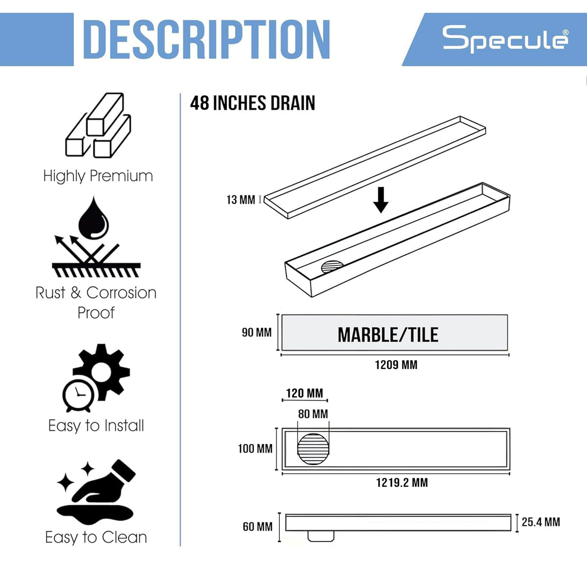 Tile Insert Shower Drain 48x4 Inches SS 304 with Cockroach Trap ...