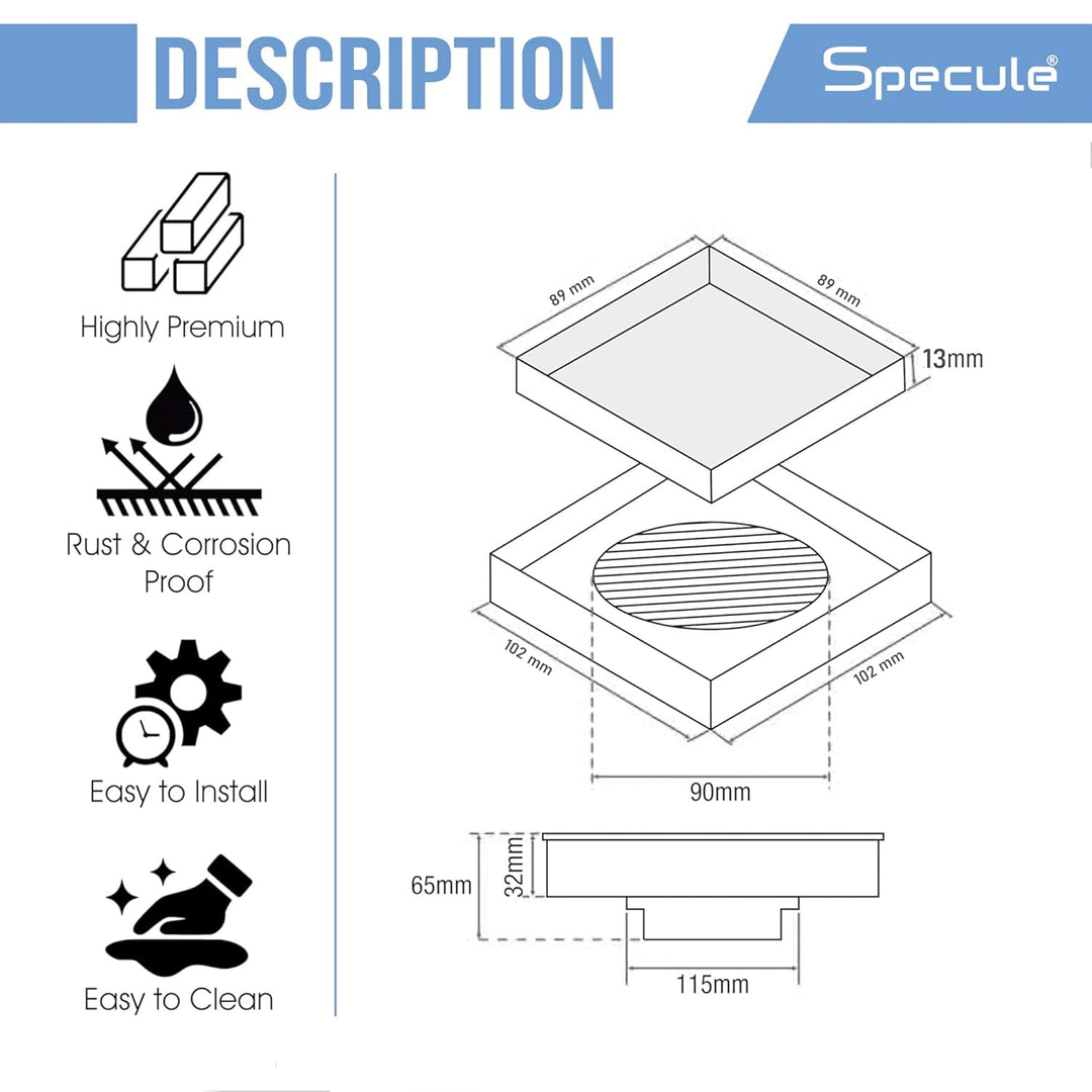 Tile Insert Shower Drain Channel (4 x 4 Inches) with Cockroach Trap (304 Grade) - By Specule
