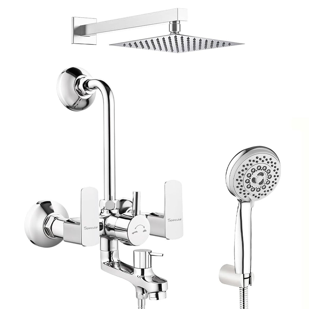 Cube Series 3-in-1 Brass Wall Mixer Set with 8" Overhead Shower & Mist Hand Shower (Chrome Finish)