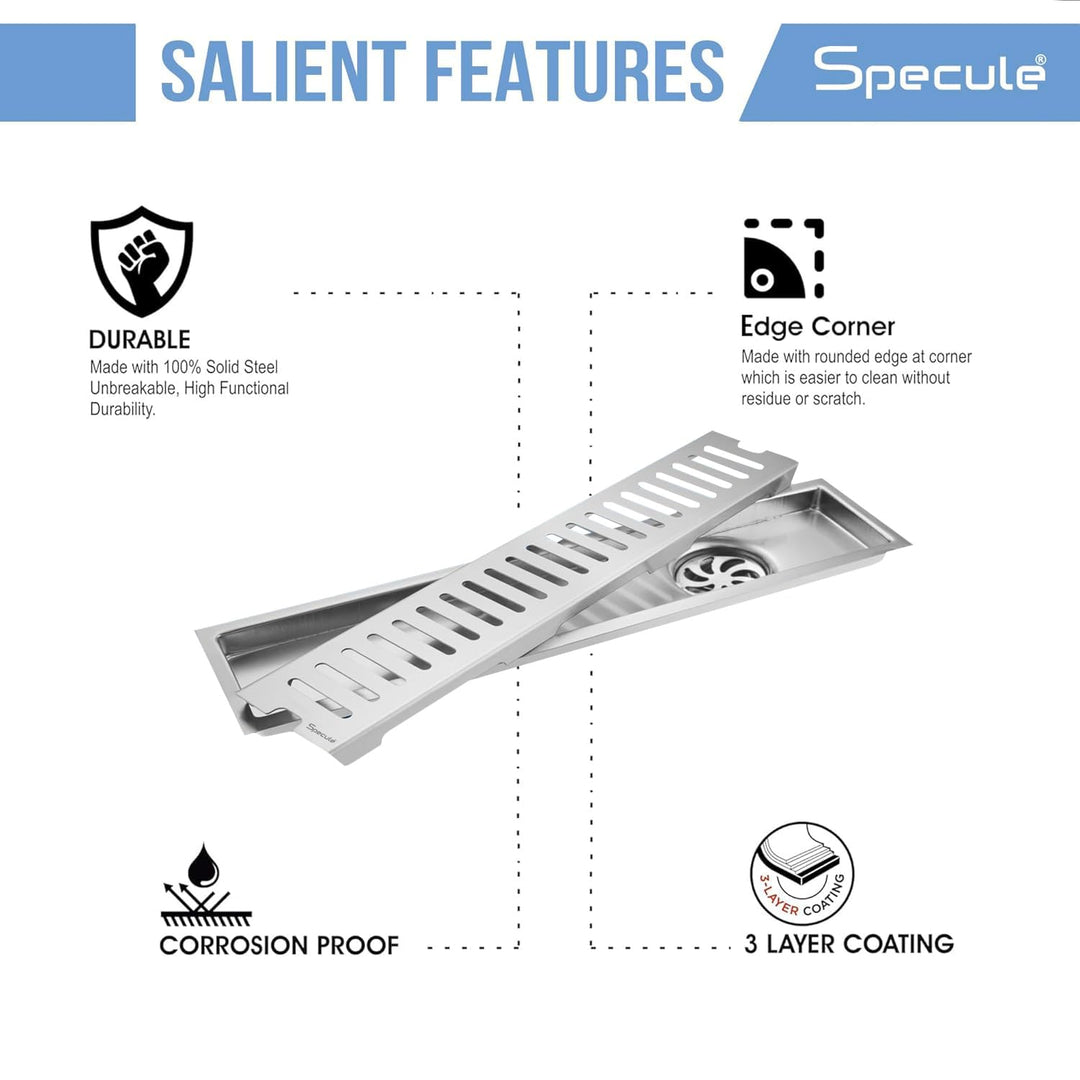 Linear Shower Drain Channel 12x4 Inch with Cockroach Trap (304 Grade Stainless Steel) – by Specule