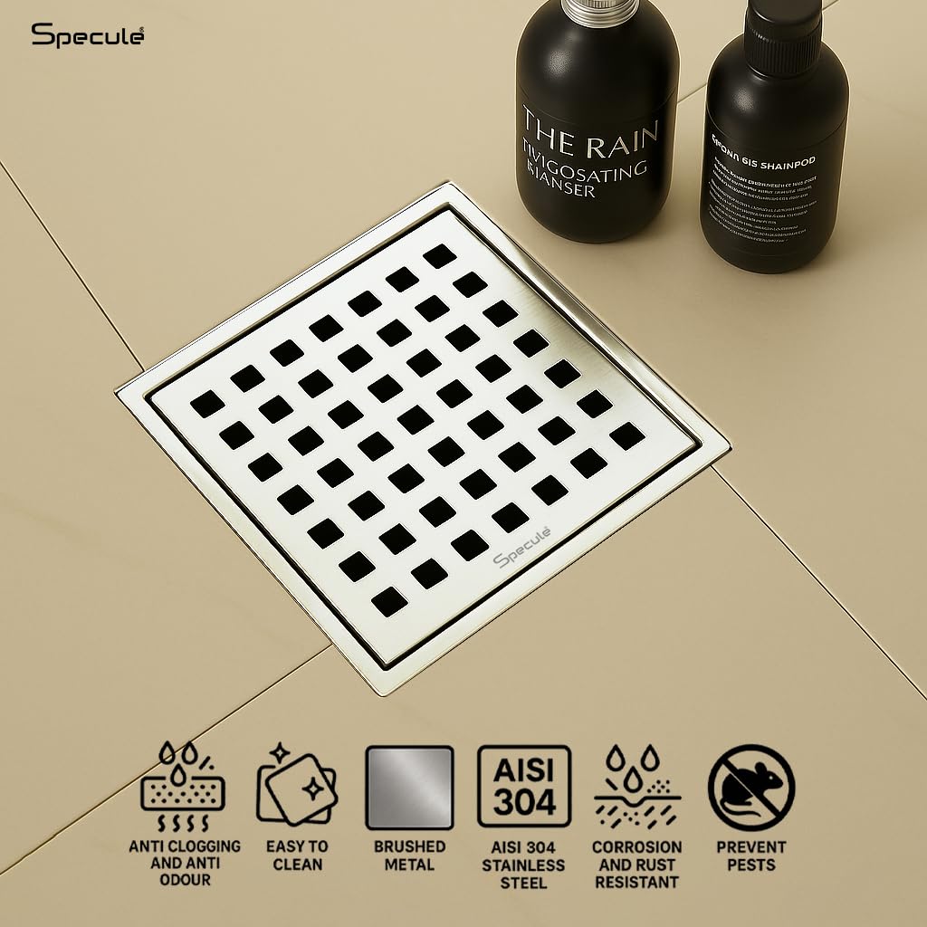 Cube Square 304-Grade Floor Drain with Collar, Hole & Cockroach Trap (5 x 5 Inches) - by Specule