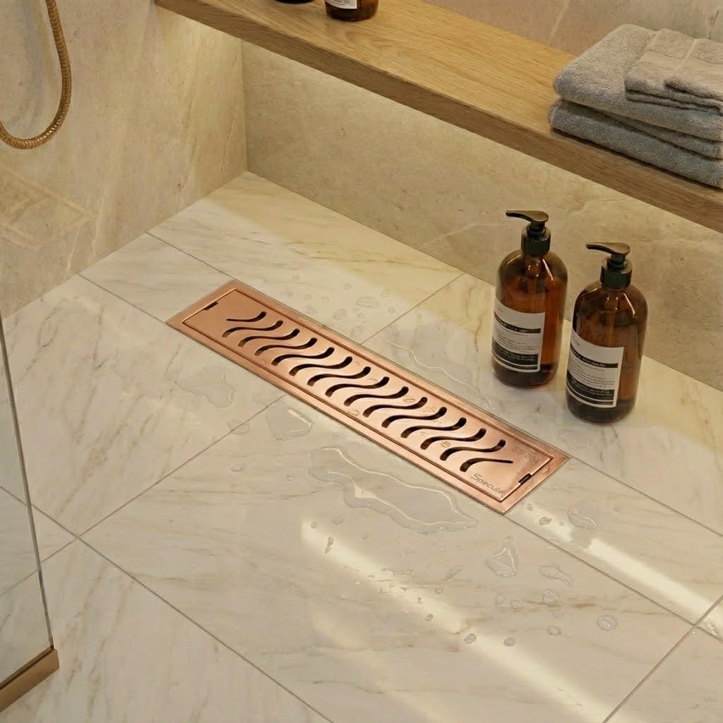 Rose gold wave pattern linear shower drain 12x4 inches with premium PVD coating and brushed matte finish