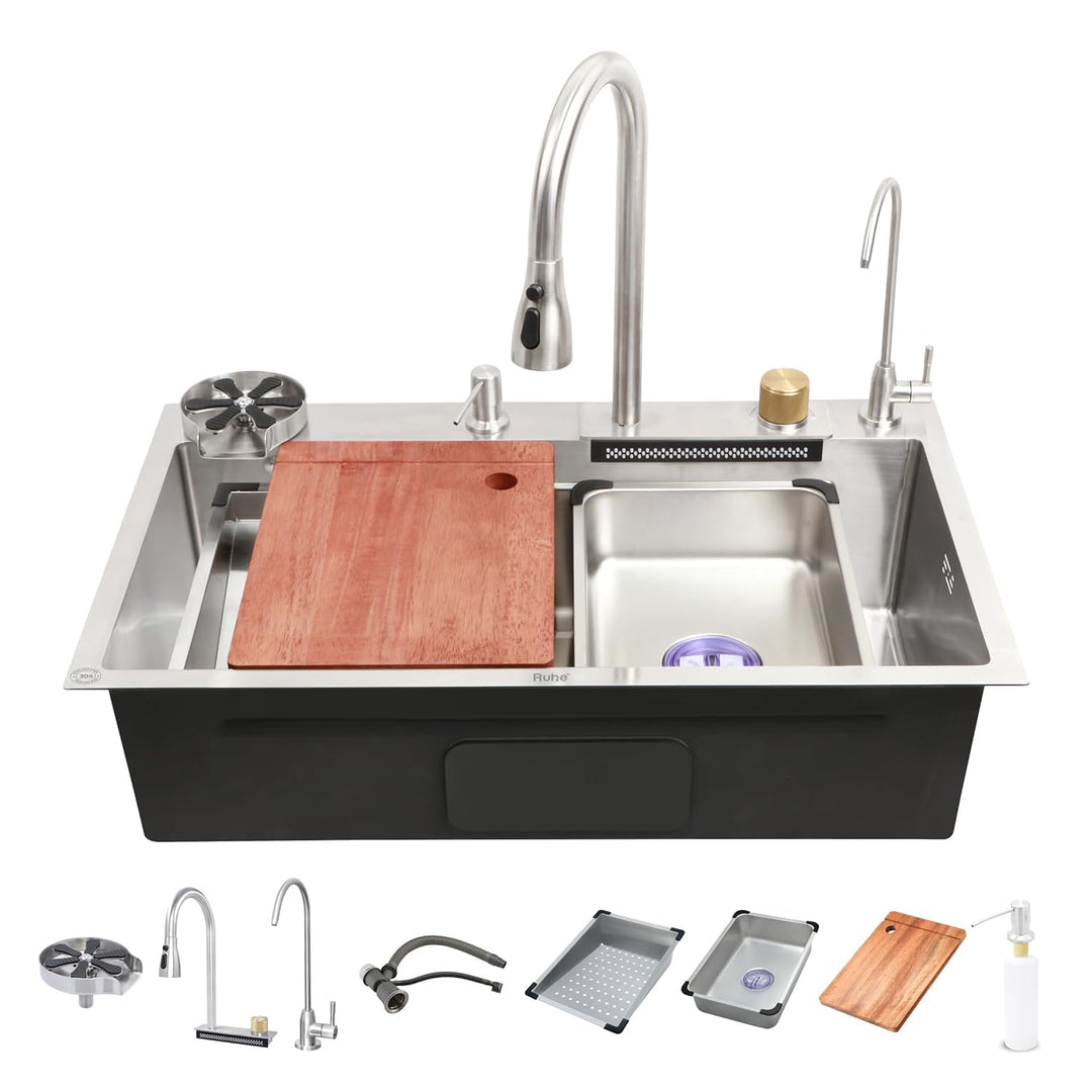 Handmade Waterfall Silver Kitchen Sink With Pull-down Faucet Set (30 x 18 x 10 Inches) - by Specule