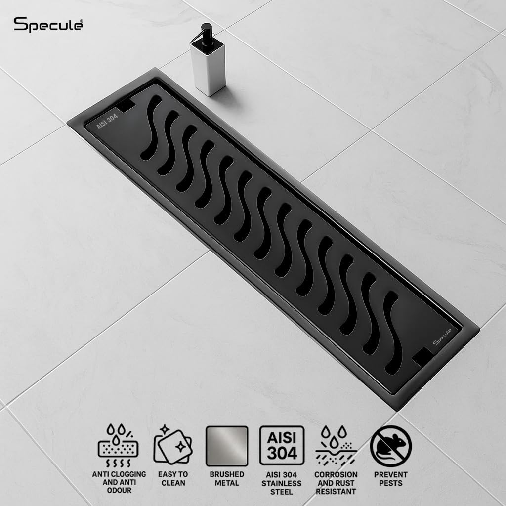 Matte Black Wave 304 Grade Shower Drain Channel 18x4 Inch with Cockroach Trap – by Specule