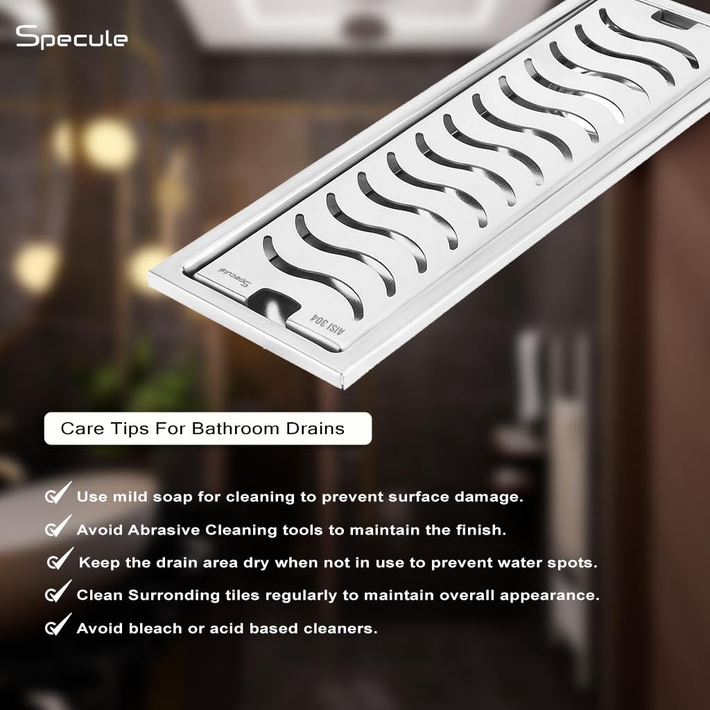 Wave Shower Drain Channel 18x4 Inch with Cockroach Trap (304 Grade Stainless Steel) – by Specule
