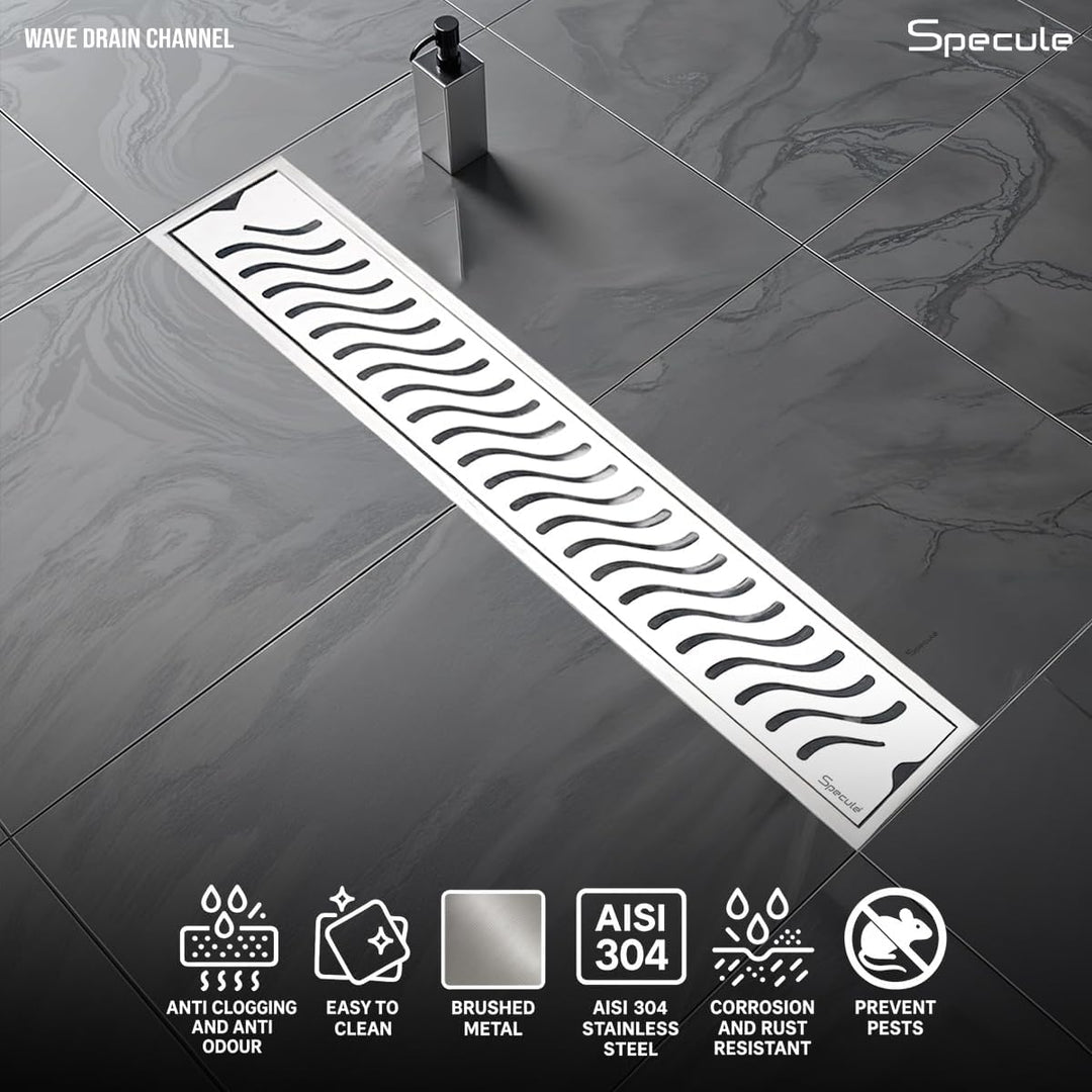 Wave Shower Drain Channel 18x4 Inch with Cockroach Trap (304 Grade Stainless Steel) – by Specule
