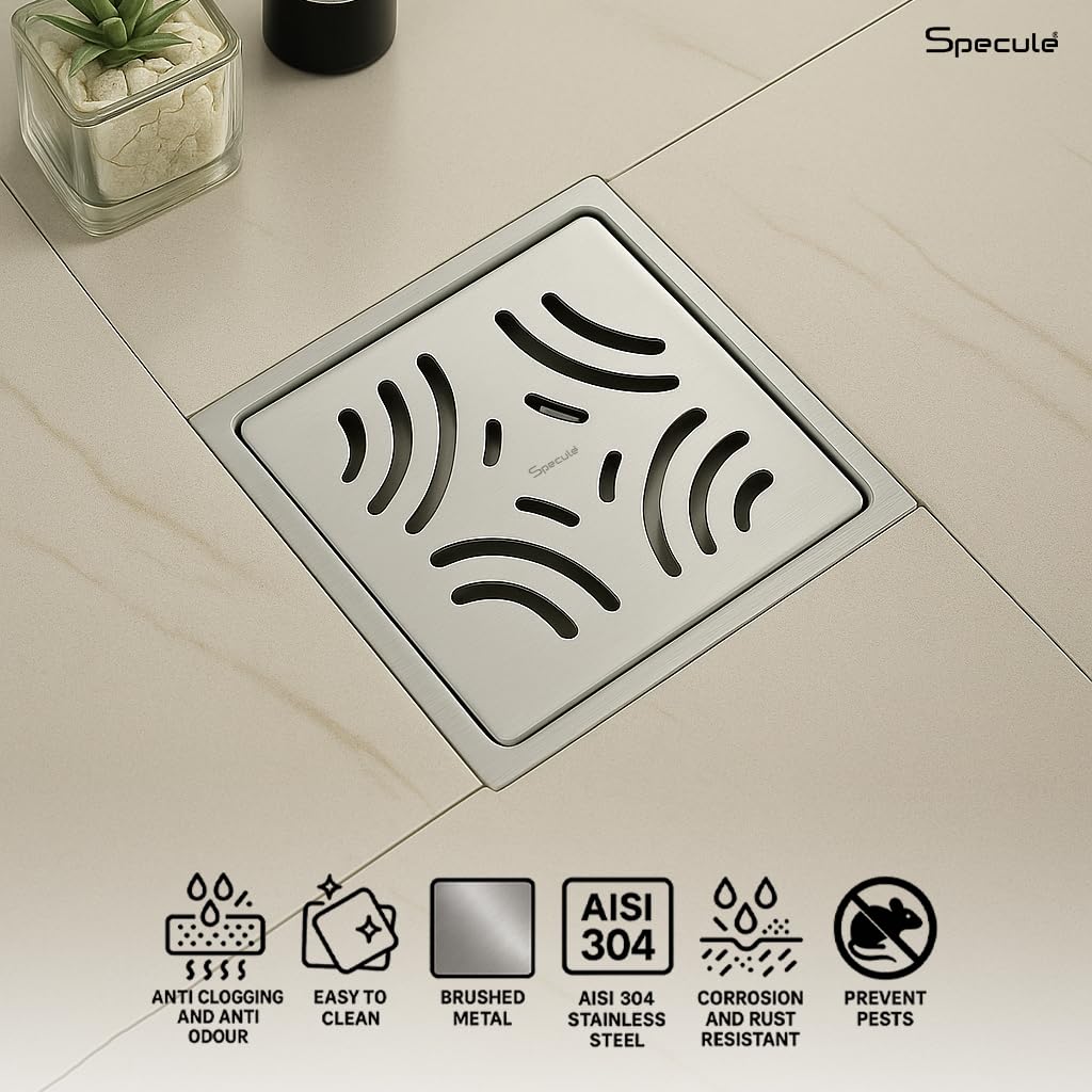 Emerald Square 304-Grade Floor Drain with Collar, Hole & Cockroach Trap (5 x 5 Inches) - by Specule