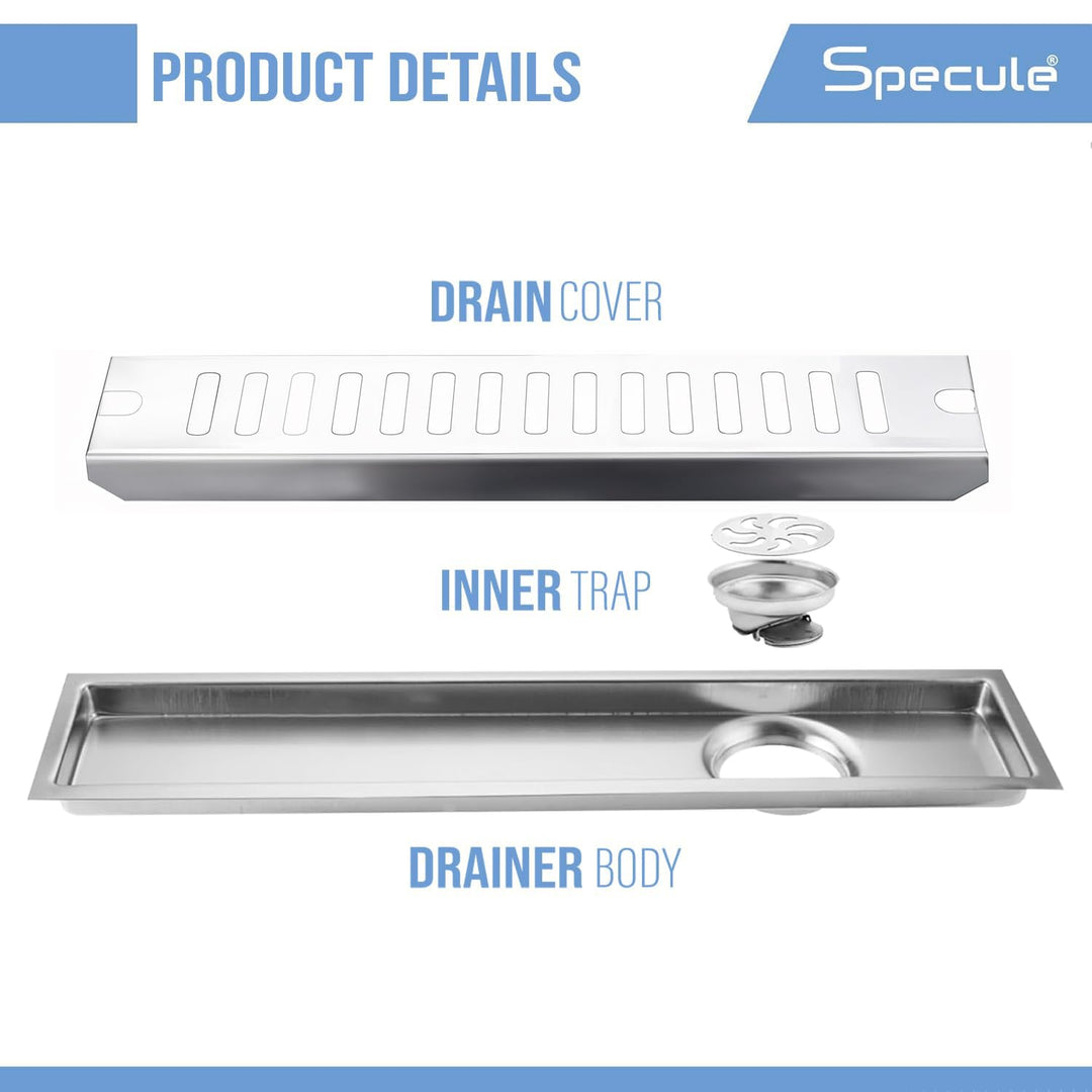 Linear Shower Drain Channel 12x4 Inch with Cockroach Trap (304 Grade Stainless Steel) – by Specule