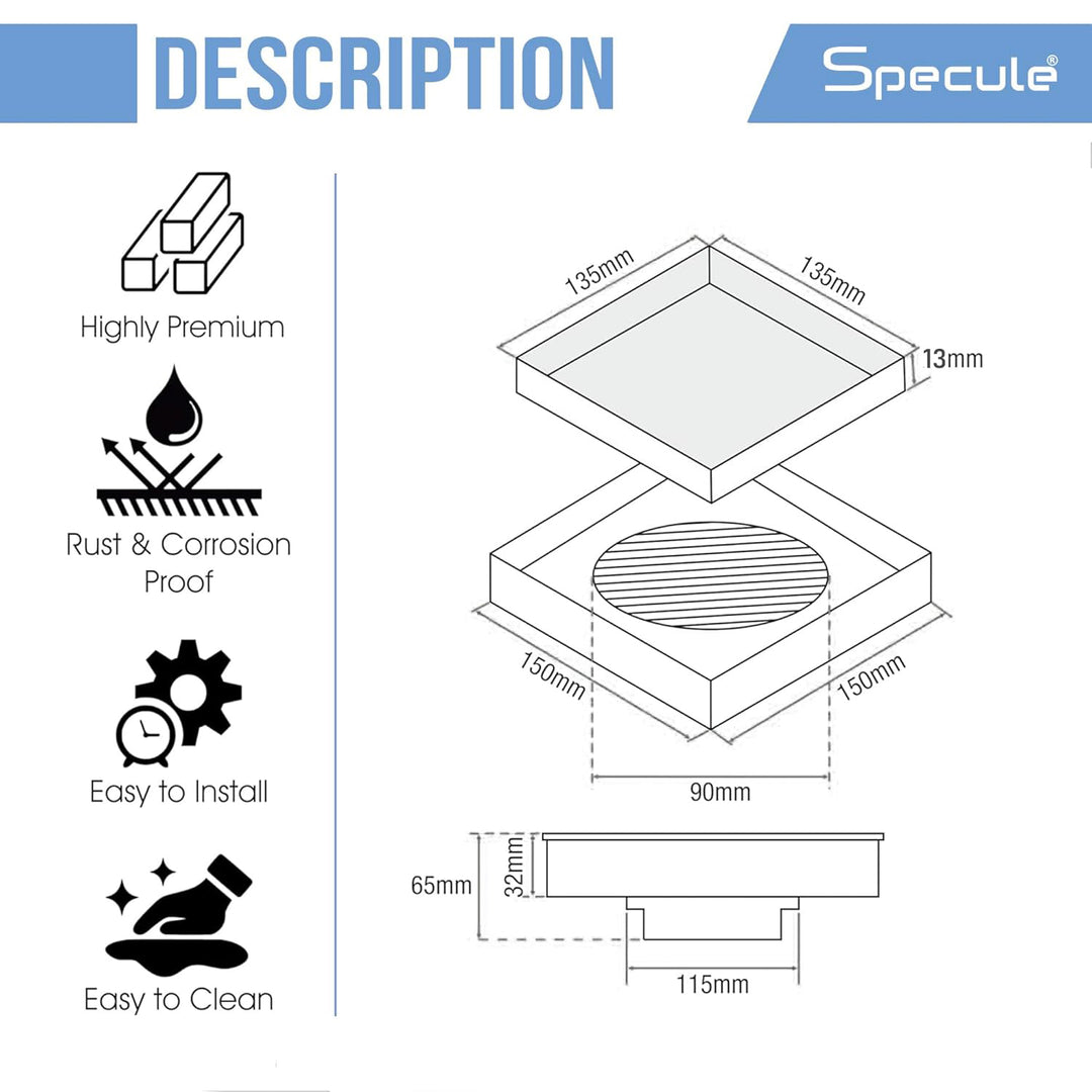 Tile Insert Shower Drain Channel (6 x 6 Inches) with Cockroach Trap (304 Grade) - By Specule