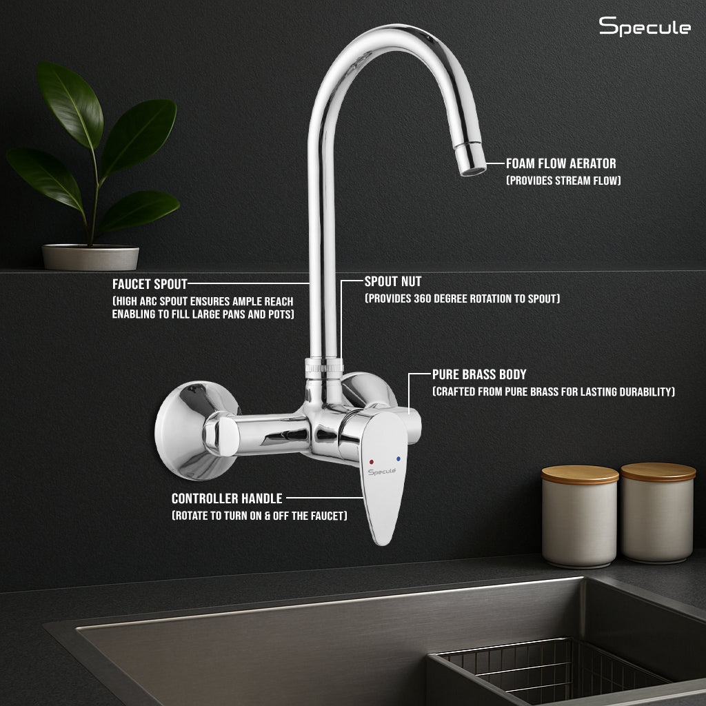 Spectra Single Lever Wall - Mount Kitchen Sink Mixer Tap with Swivel Spout (18 Inches) - by Specule