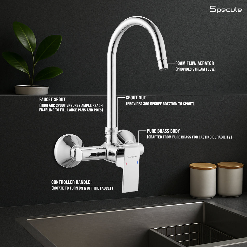 Square Single Lever Wall Mount Kitchen Sink Mixer Tap with Swivel Spout (18 Inches) - by Specule