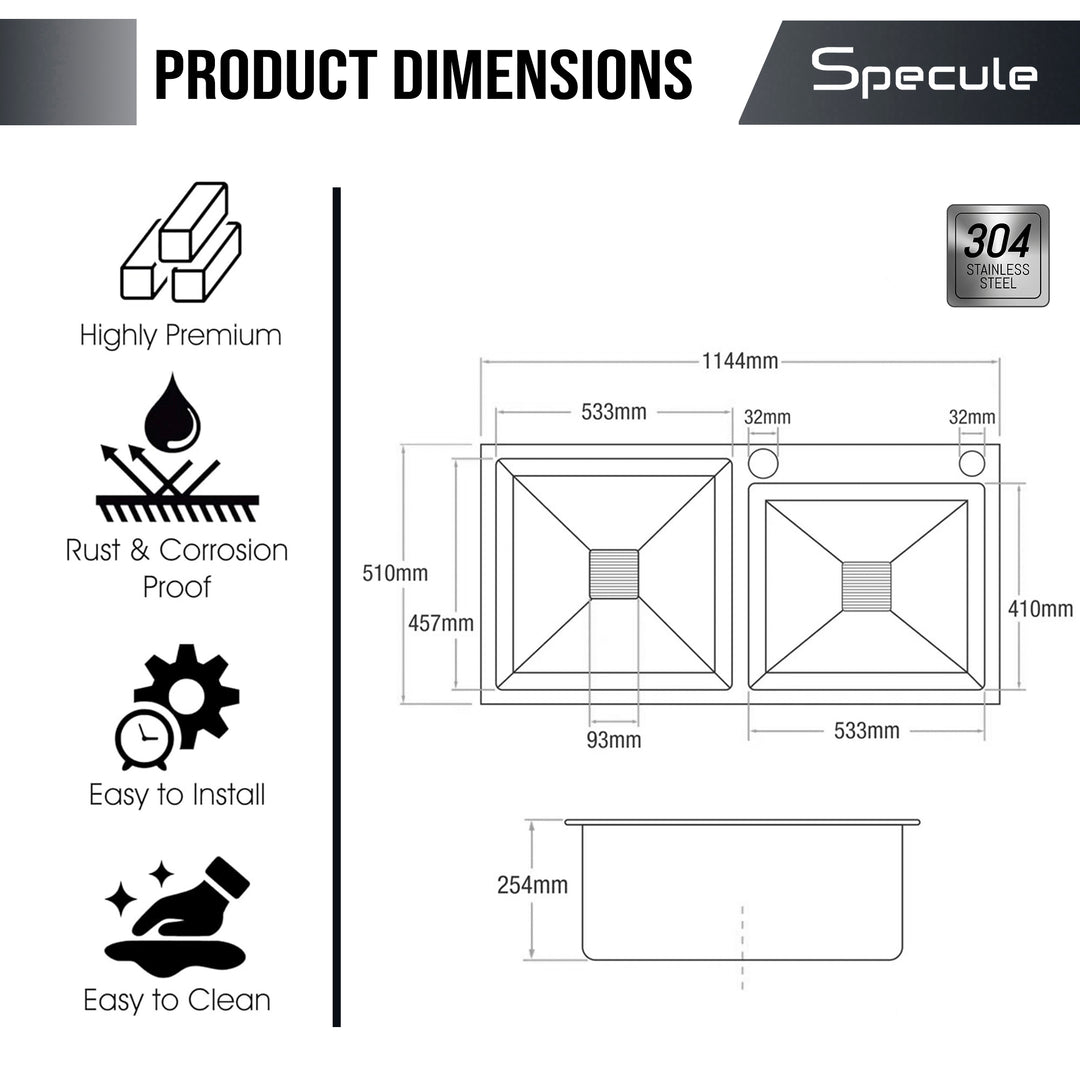 Handmade Double Bowl Kitchen Sink With Tap Hole (42 x 20 x 10 Inches) - by Specule