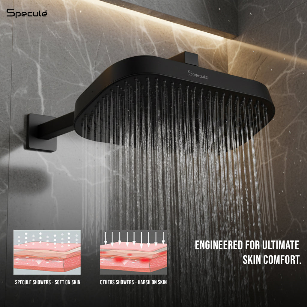 Matte black rain shower head for modern bathroom by Specule