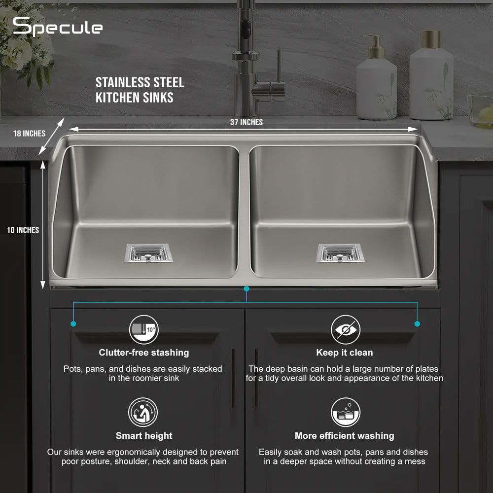 Handmade Double Bowl Kitchen Sink (37 x 18 x 10 Inches) - by Specule