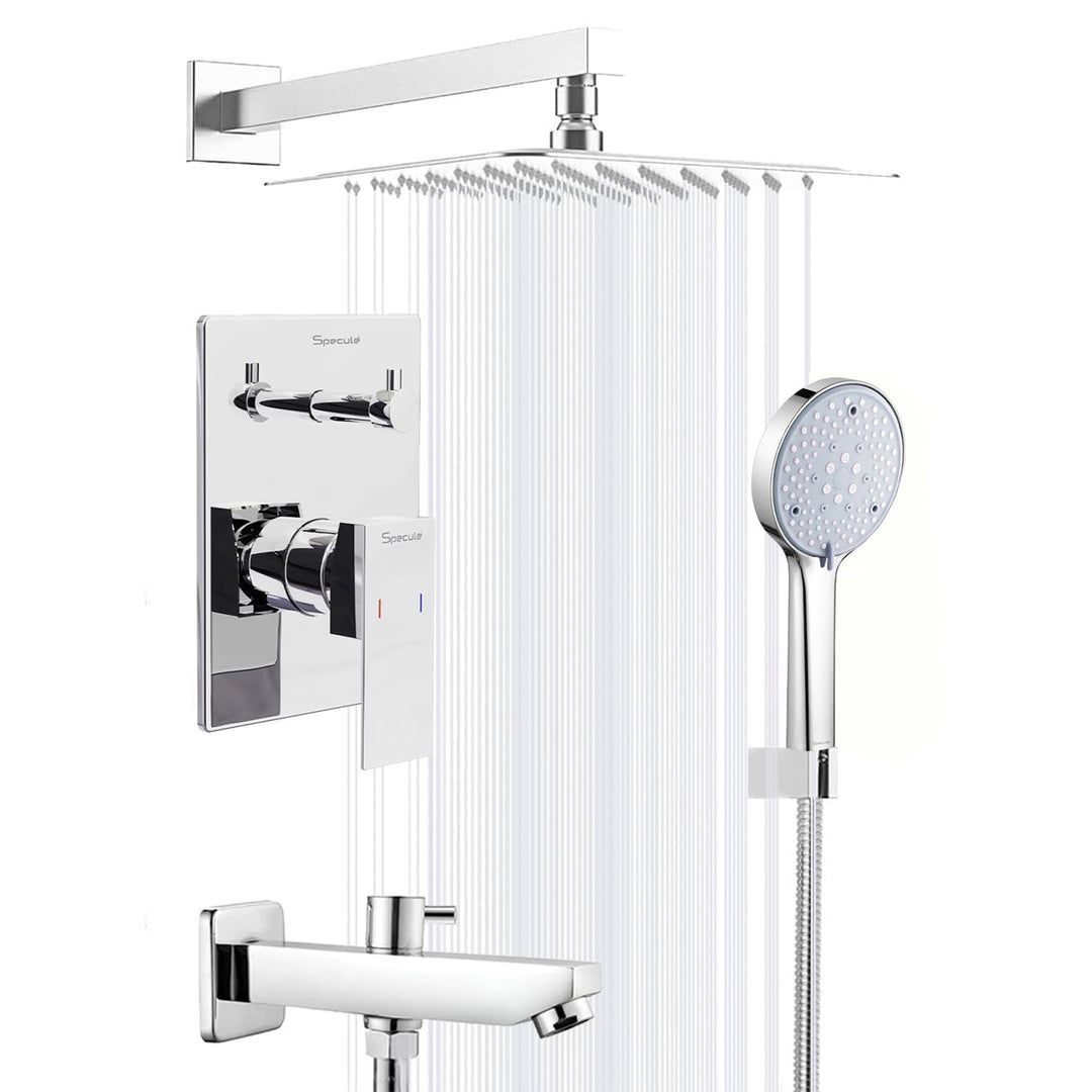 Cubix Brass Diverter Set with Spout, 8" Overhead Wall Mount Shower & Hand Shower Chrome Finish - by Specule