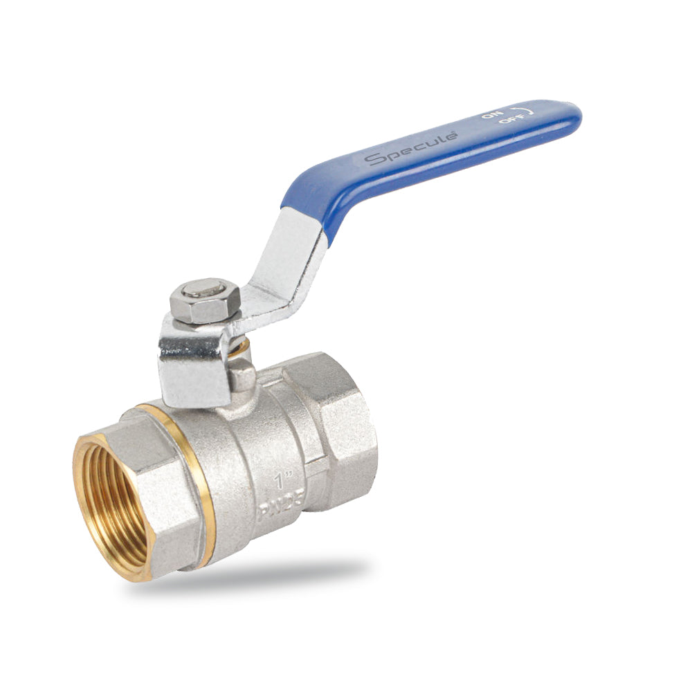 1 inch brass ball valve by Specule showing threaded pipe connection for plumbing use