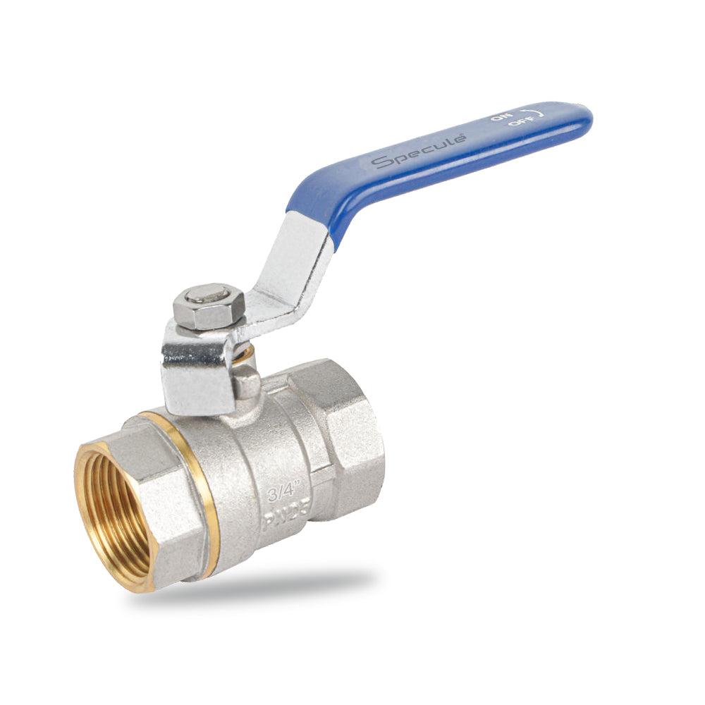 1 inch brass ball valve by Specule showing threaded pipe connection for plumbing use