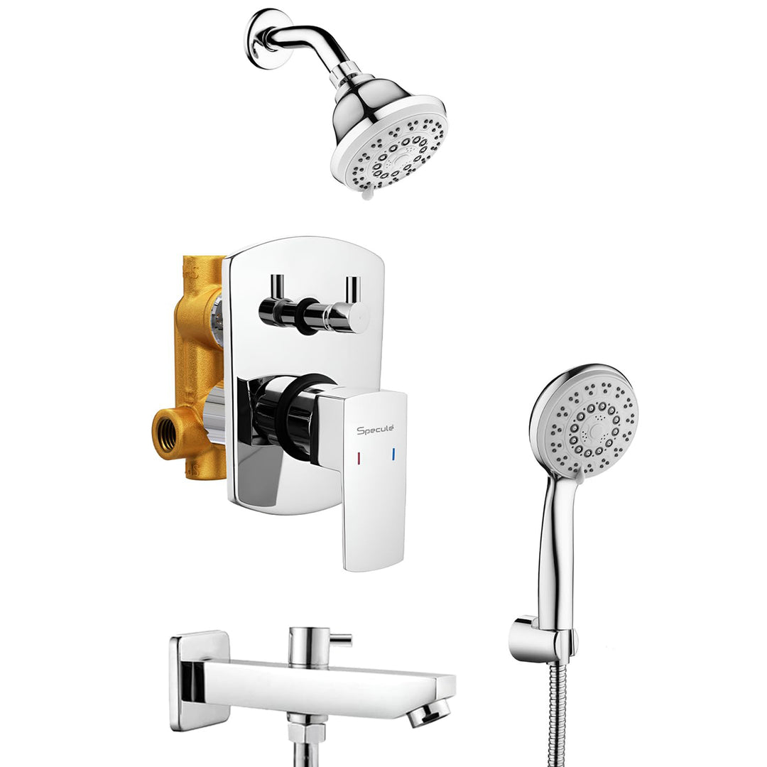 Cube Brass Diverter Set with Multi Flow Overhead Wall Mount Shower ,Bath Tub Spout and Handshower- by Specule