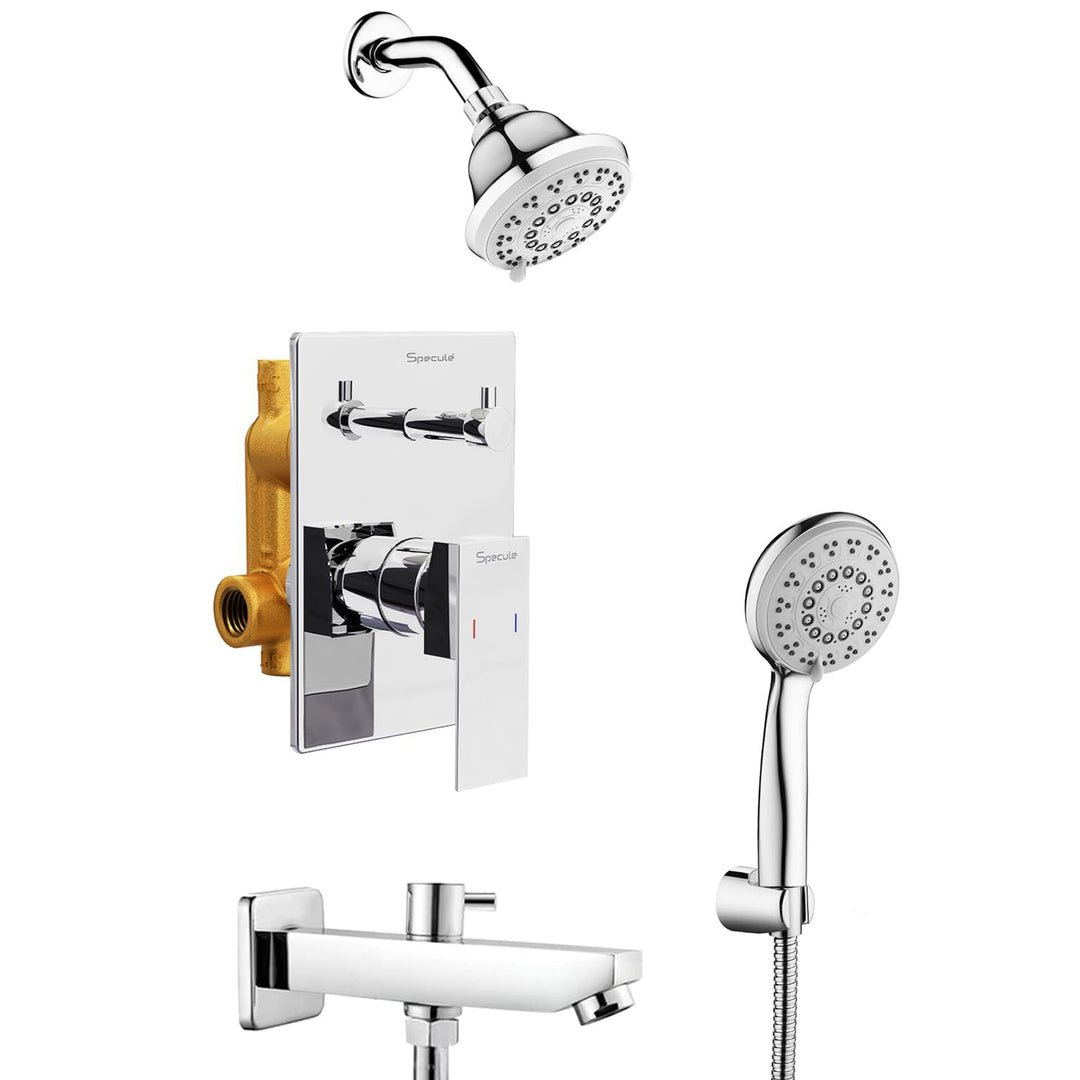 Cubix Brass 46mm Diverter Set with Multi Flow Overhead Wall Mount Shower ,Bath Tub Spout and Handshower- by Specule