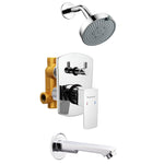 Load image into Gallery viewer, Diverter set with multi-flow overhead shower and plain spout, chrome finish, wall-mounted for bathroom mixer control.


