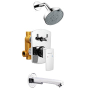 Diverter set with multi-flow overhead shower and plain spout, chrome finish, wall-mounted for bathroom mixer control.

