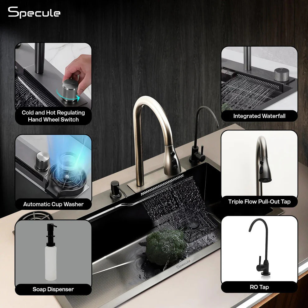 Handmade Waterfall Kitchen Sink With Pull-down Faucet Set (24 x 18 x 10 Inches) - by Specule