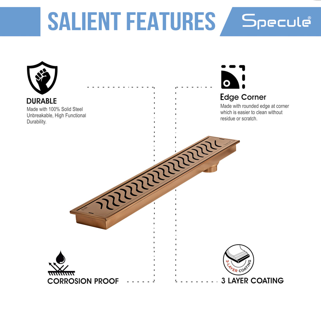 Side profile view showing 304 stainless steel construction and depth of rose gold linear drain channel
