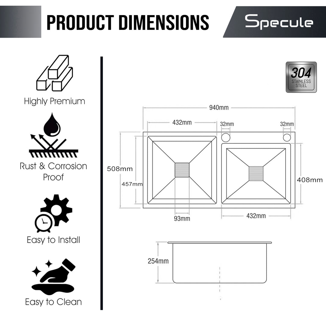 Handmade Double Bowl Kitchen Sink With Tap Hole (37 x 20 x 10 Inches) - by Specule