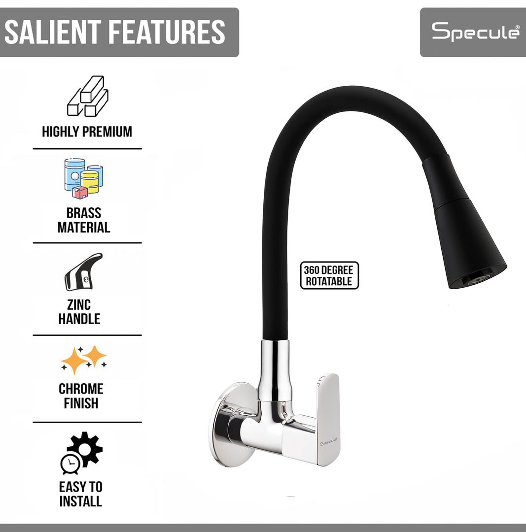 Cube Wall-mount Kitchen Sink Tap with Black Flexible Silicone Spout (Dual Flow) - by Specule