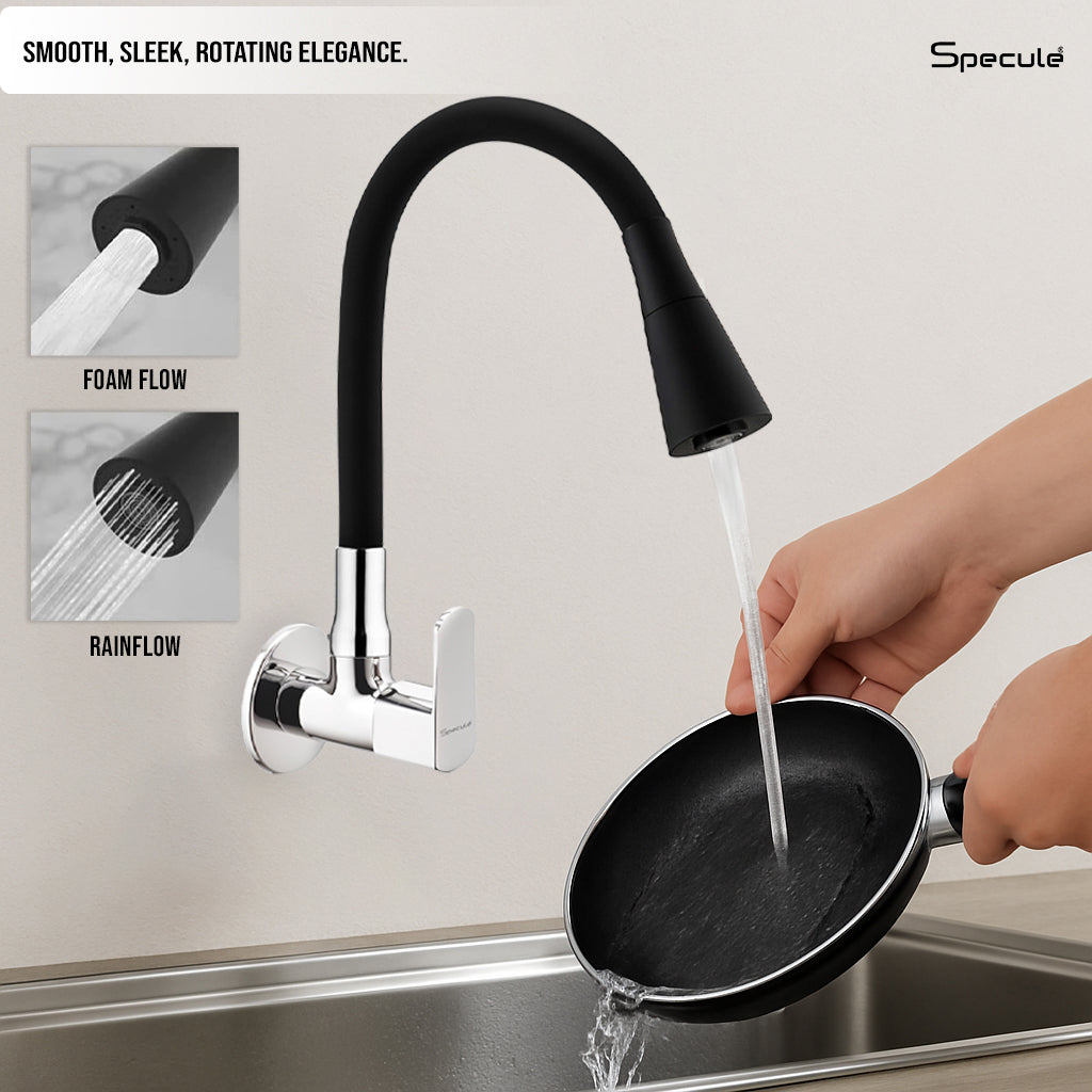 Cube Wall-mount Kitchen Sink Tap with Black Flexible Silicone Spout (Dual Flow) - by Specule