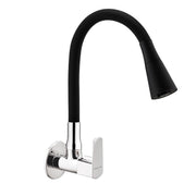 Cube Wall-Mount Kitchen Sink Tap with Black Flexible Silicone Spout and Dual Flow Functionality by Specule, showcasing a sleek modern design.