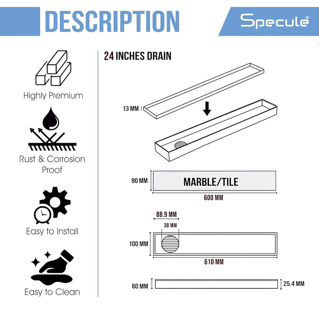 Tile Insert Shower Drain Channel (24 x 3 Inches) with Cockroach Trap (304 Grade) - by Specule